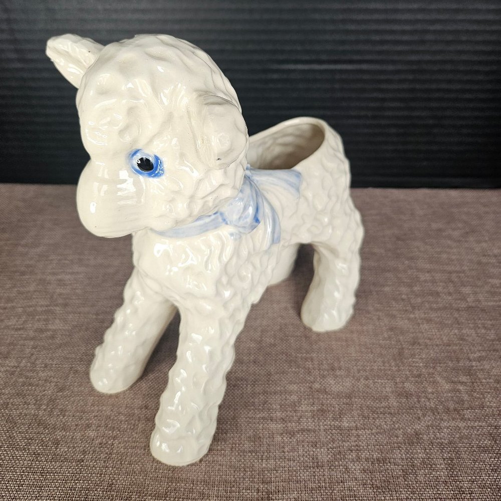 Adorable Blue Eyed Lamb Planter Japan 1940s  8" Tall